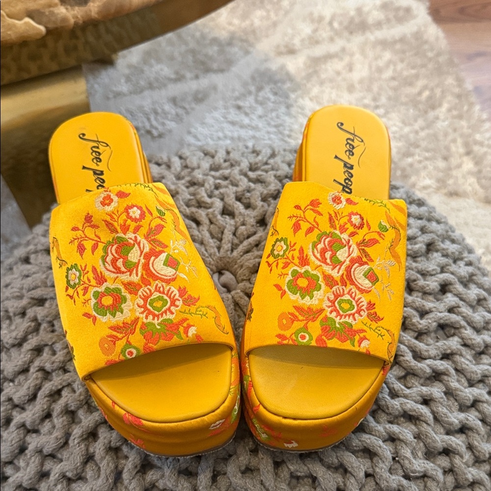 Free People Yellow Embroidered Platform Mules